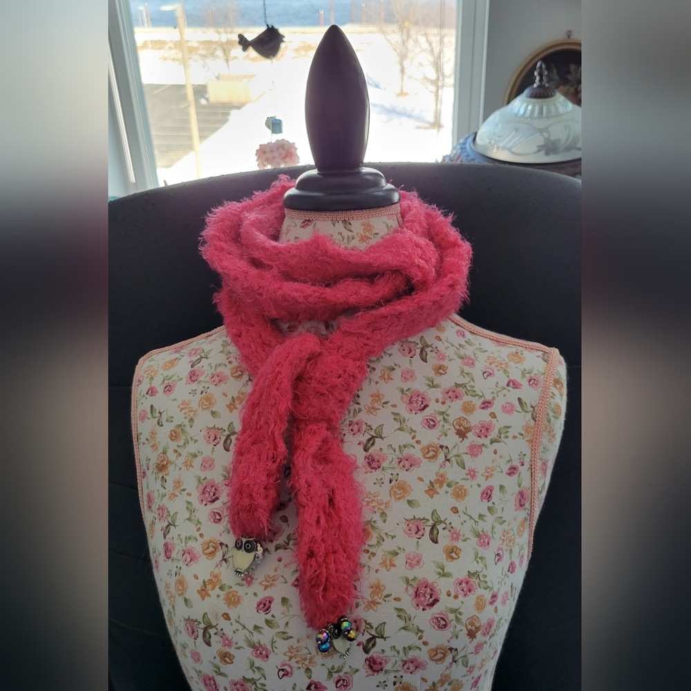 Handmade hot pink fuzzy beaded scarf